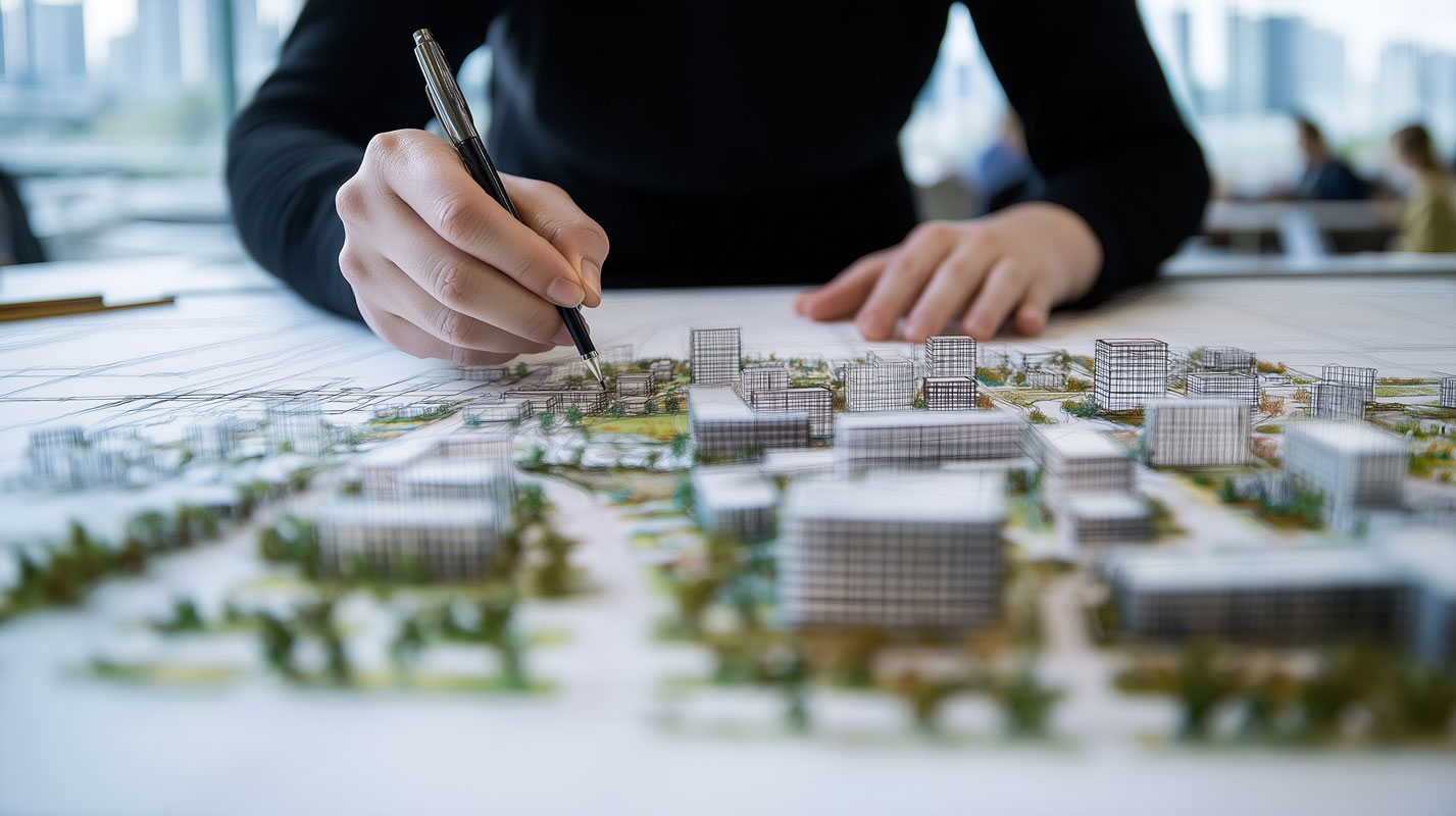 Architectworkingonurbandevelopmentmodelandplanshighlightingprecisioncreativityandcontinuedvaluecreationinpropertyprojects